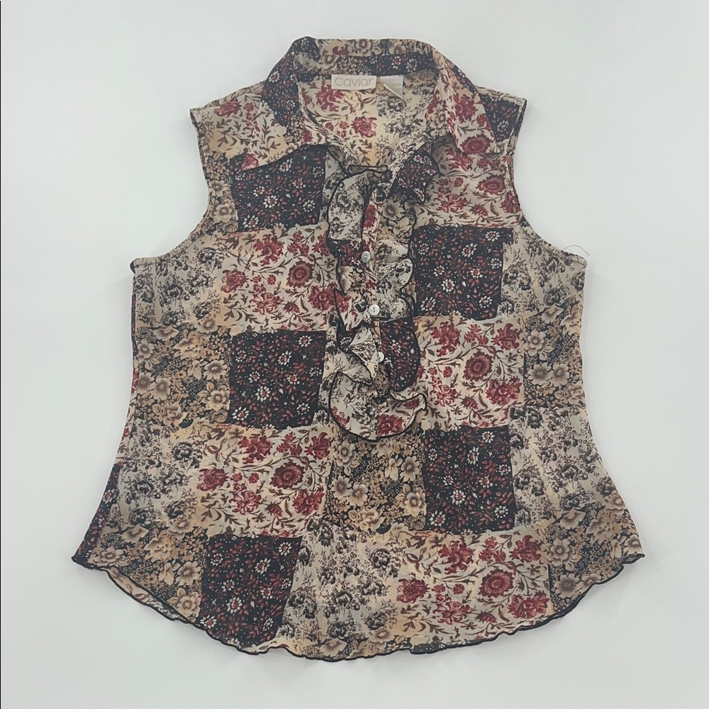 Vintage Caviar Floral‎ Patchwork Top semi sheer y2k lettuce hem ruffle collar L